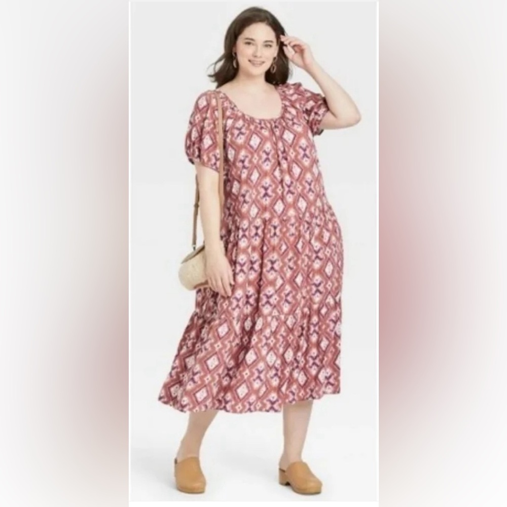 Tiered Midi Dress with Geometric Print, Size XL- Knox Rose